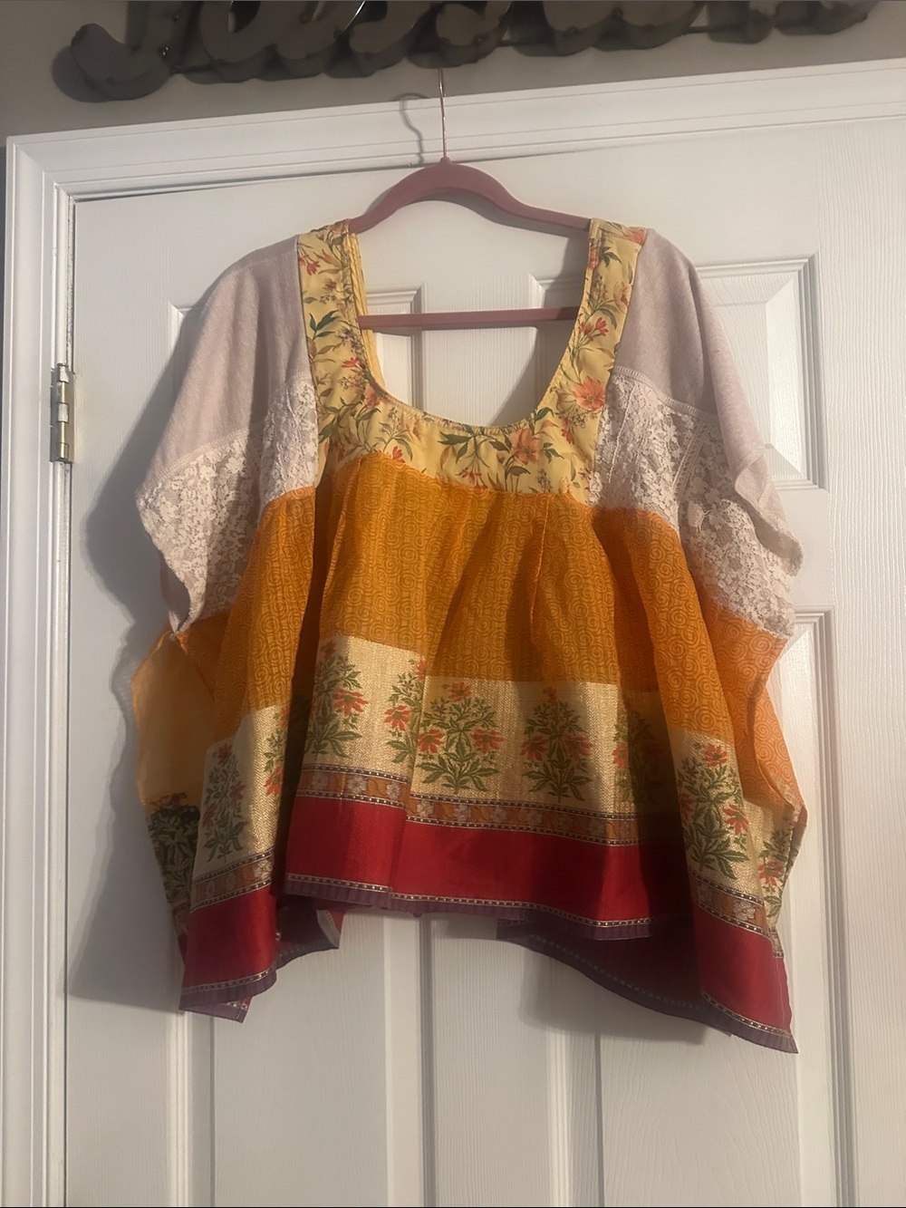 Boho Floral Patchwork Tunic Top in Mustard and Red